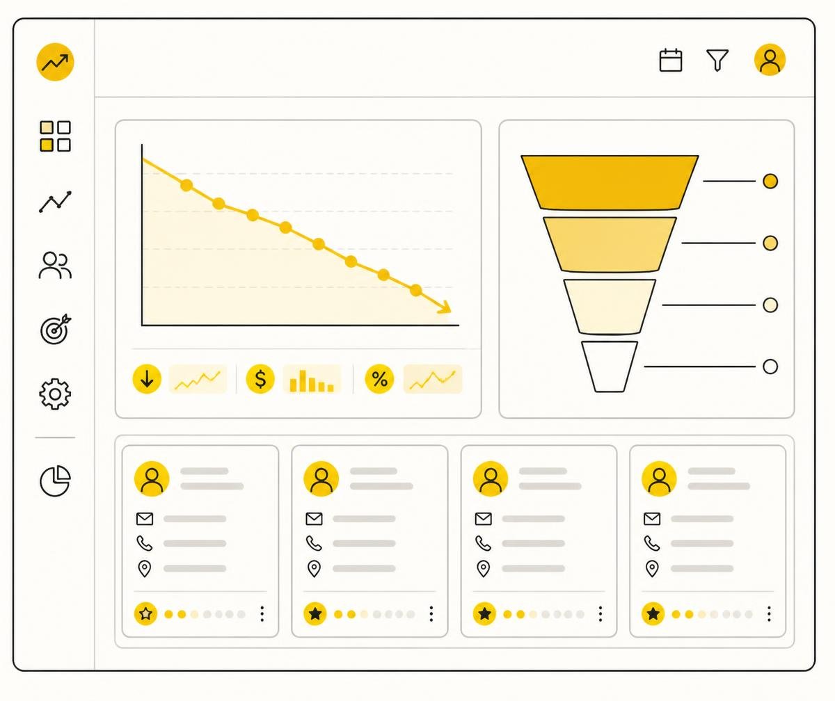 Traffic2Lead reporting view showing cost per lead falling, a conversion funnel, and individual lead records